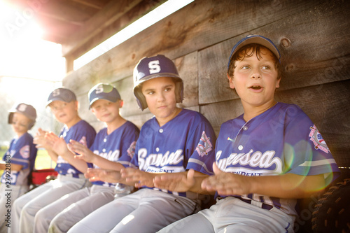 Photography Little league team (8-9) cheering together in dugout