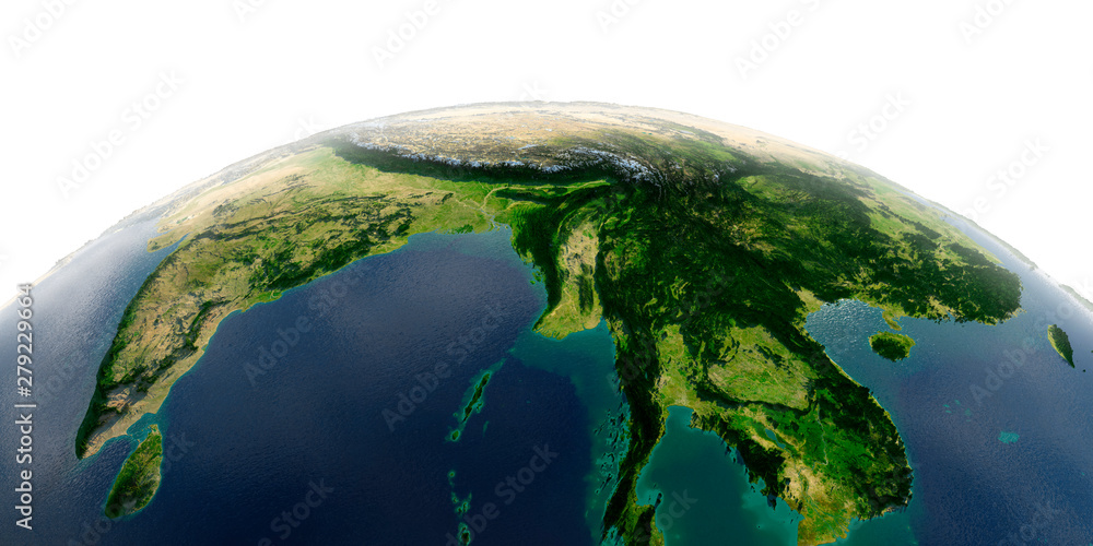 Detailed Earth on white background. The eastern part of India, Bangladesh, Nepal, Bhutan, Myanmar, west of Thailand