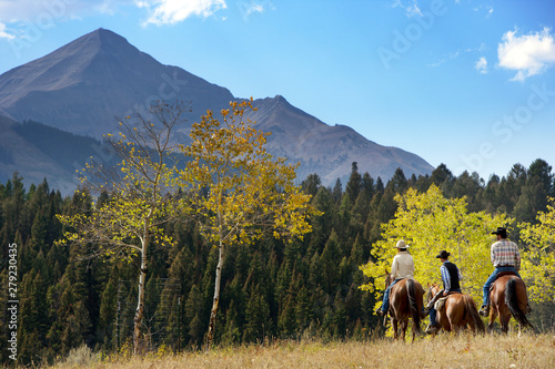 Obraz na plátne Three people horseback riding through mountains