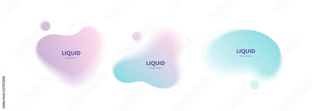 Set of vector abstract fluid shape banner. Trendy style pastel color dynamic blur shapes isolated on black background. Blue, pink, violet colors. Design element for report, poster, page, advertisment