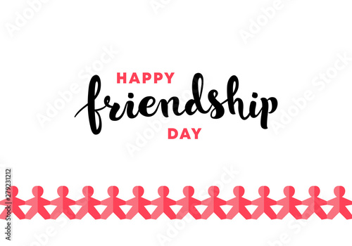 Vector happy friendship day banner. Red and black text on white background with horizontal red gradient color paper people. Holiday design for web, poster, invitation card, party, school event, print.