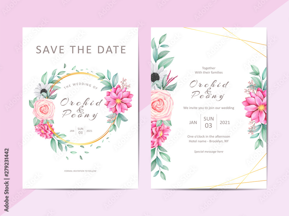 Beautiful wedding invitation template set of watercolor floral