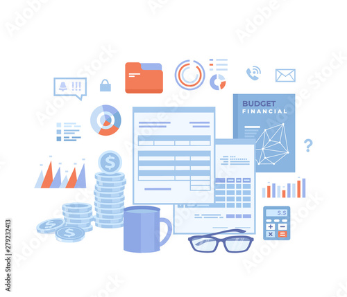 Accounting Concept. Financial analysis, tax payment, analytics, data capture, statistics, research. Forms, budget book, charts, graphs, folder with documents, money. Vector illustration on white 