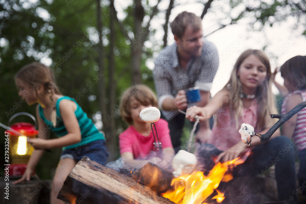 Obraz premium Family with children (2-3, 4-5, 6-7, 8-9) roasting marshmallows