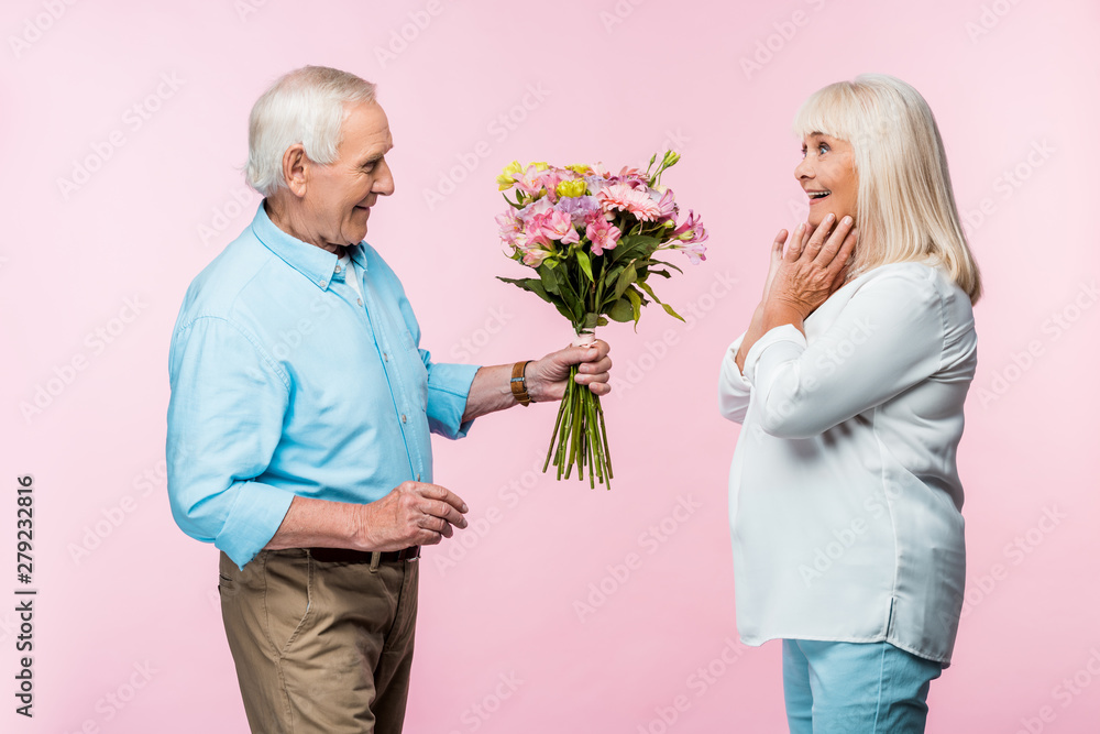 cheerful senior man giving bouquet with flowers to excited wife on pink cheerful senior man giving bouquet with flowers to excited wife on pink