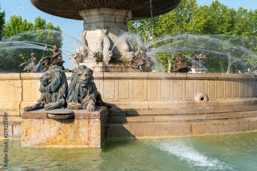 Historical fontaine de la Rotonde with sculpture of lions in Aix-en-Provence, France