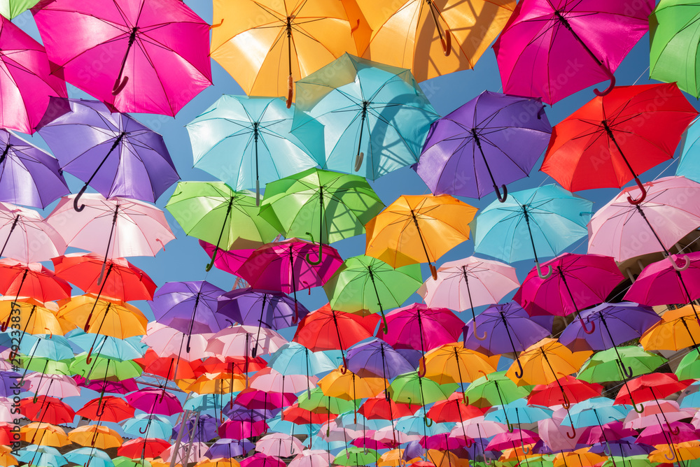 Street decoration colorful umbrellas background - obrazy, fototapety, plakaty 