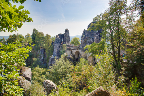 View over saxony sandstone mountains national park in summer