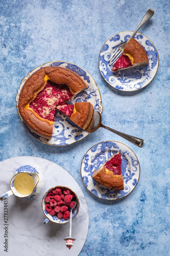 flat lay  top down view of keto raspberry cream cake