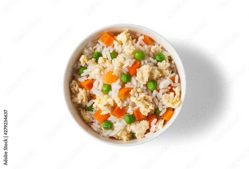 white bowl with egg fried rice, rice, vegetable and egg isolated on white background. Top view. white bowl with egg fried rice, rice, vegetable and egg isolated on white background. Top view.