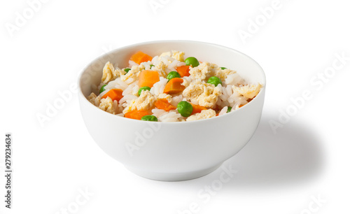 white bowl with egg fried rice, rice, vegetable and egg isolated on white background.