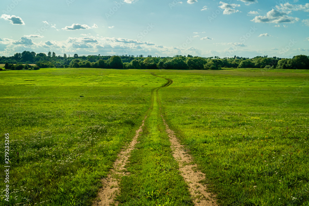 Winding meadow dirt road - green nature scenery. Low angle. Winding meadow dirt road - green nature scenery. Low angle.