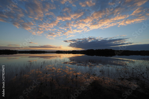 Sunrise and clouds reflected in the calm water of Nine Mile Pond in Everglades National Park  Florida.