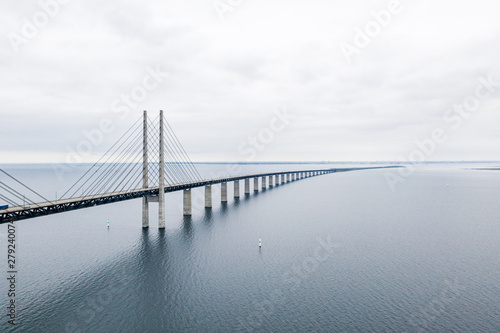 Aerial view of the bridge between Denmark and Sweden, Oresundsbron. Oresund Bridge close up view.