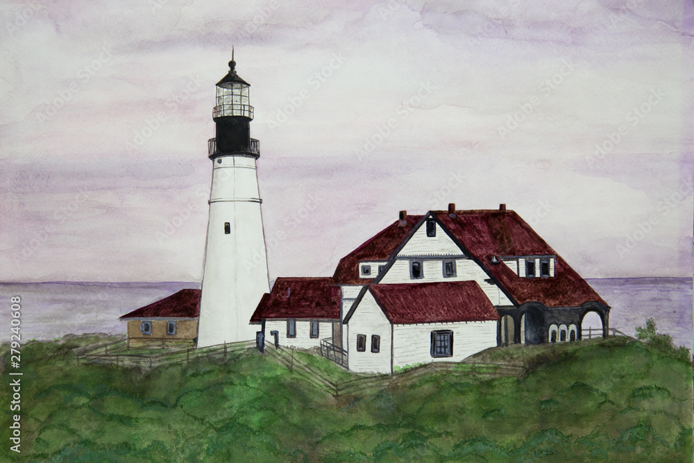 View of the lighthouse and a brick house. Watercolor painting.