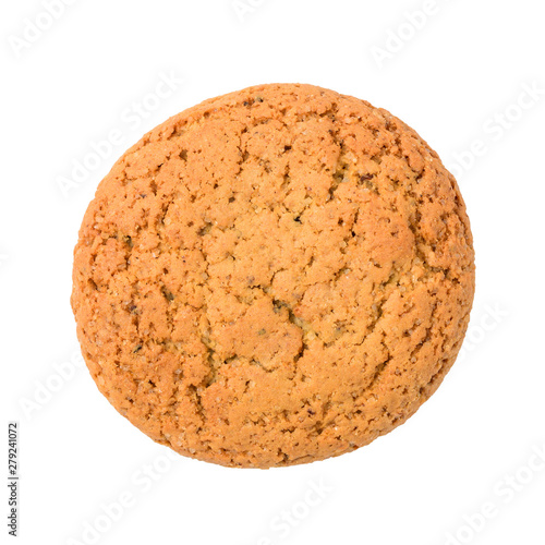 Homemade cookies. One sweet cookie made from oatmeal flour. Tasty biscuit in high resolution closeup  isolated on white background top view without shadows. Homemade bakery.