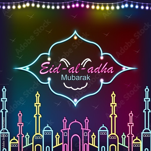 Eid Mubarak poster, banner or greeting card design. Vector illustration of abstract light background with glowing neon. Eid al-Adha. the sacrifice a ram, trendy modern graphic design.