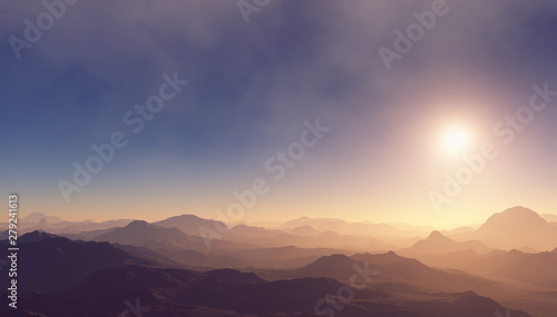3d generated fantasy landscape of lonely desert mountains in the sunshine