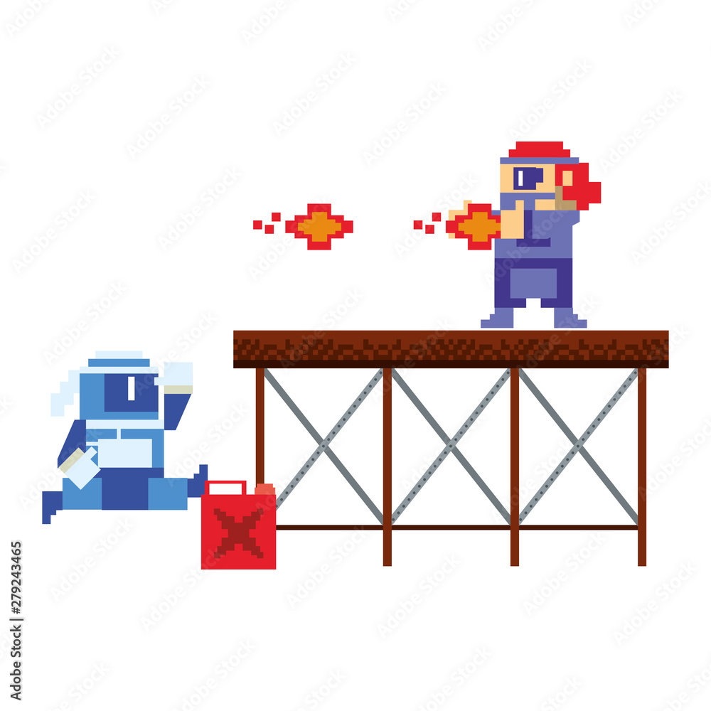 Videogame pixelated gangster character isolated Videogame pixelated gangster character isolated