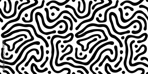 Vector seamless maze pattern. Abstract wavy black and white background.