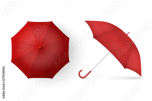 Vector 3d Realistic Render Red Blank Umbrella Icon Set Closeup Isolated on White Background. Design Template of Opened Parasols for Mock-up, Branding, Advertise etc. Top and Front View