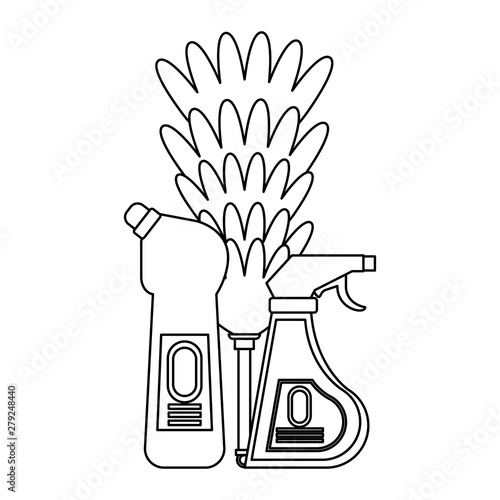 Set of cleaning equipment and products in black and white