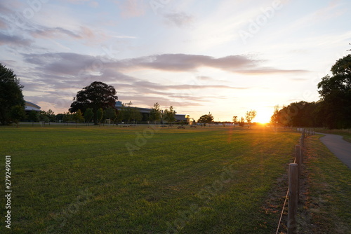 fresh green sunset landscape with blue sky and clouds