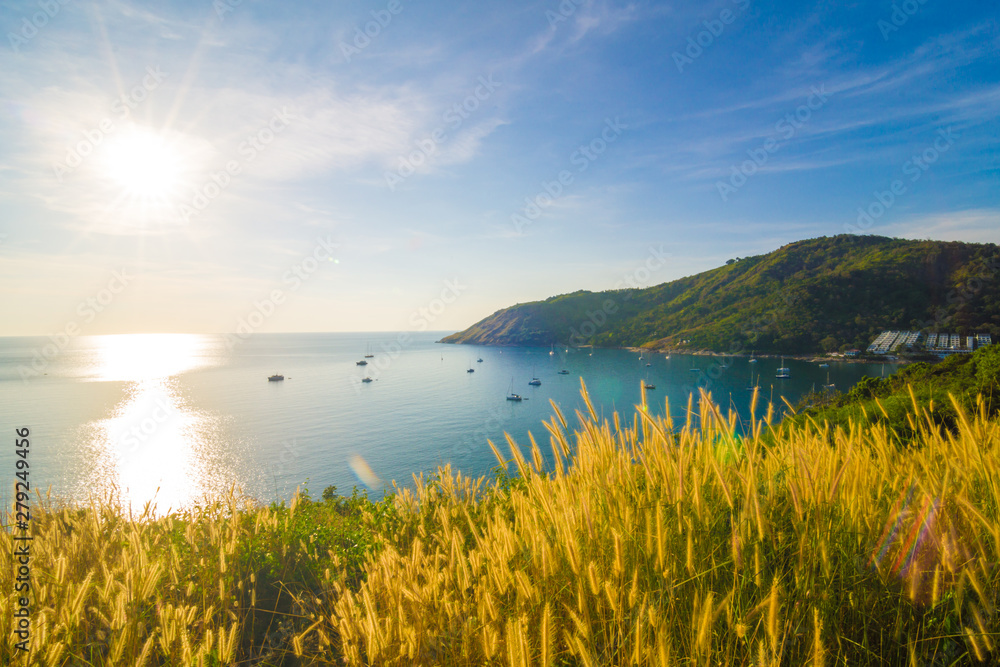 Sea bech bay sun light evening with yacht