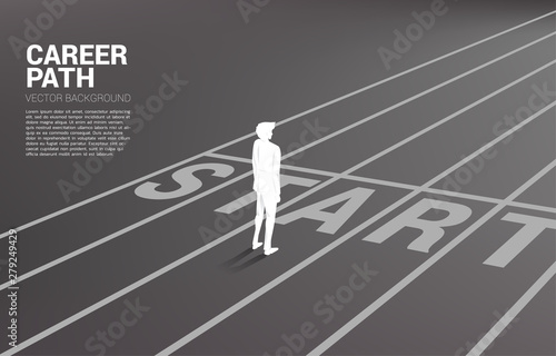 Silhouette of businessman standing at start line. Concept of people ready to start career and business