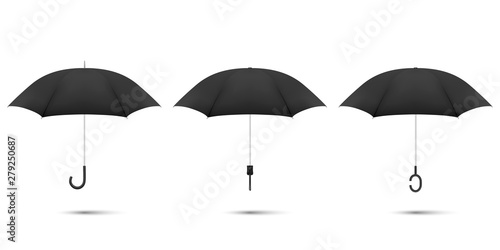 Vector 3d Realistic Render Black Blank Umbrella Icon Set Closeup Isolated on White Background. Design Template of Opened Parasols for Mock-up, Branding, Advertise etc. Top and Front View
