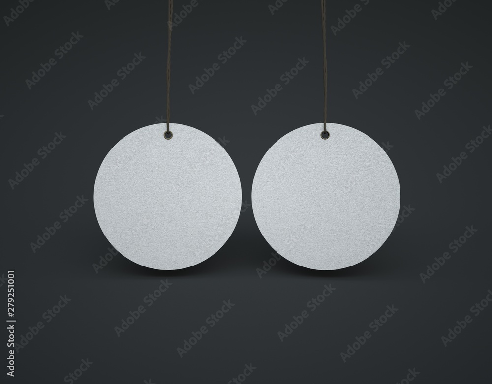 White double sided round label, dark background. Black cardboard mockup. White double sided round label, dark background. Black cardboard mockup.