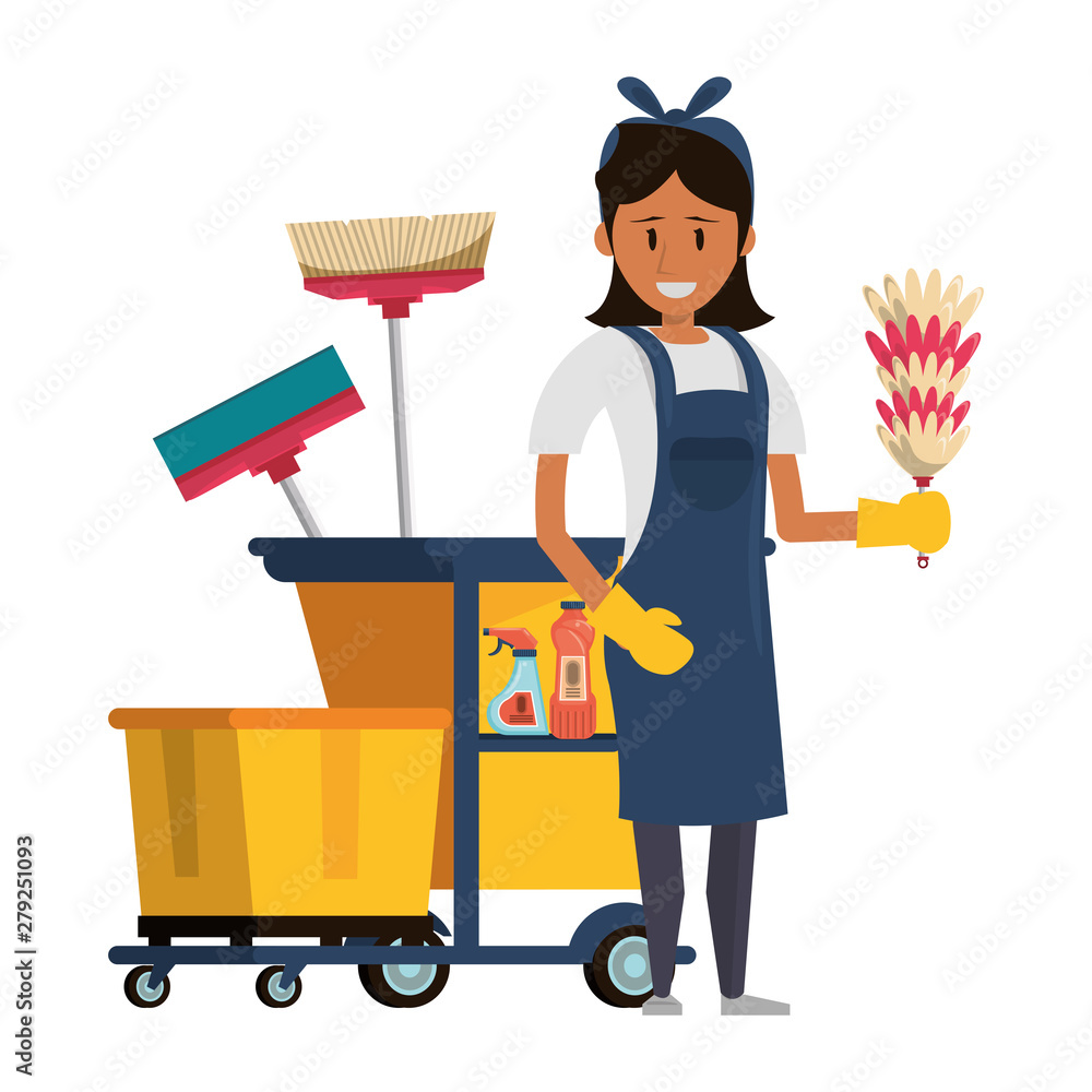 Cleaner worker with cleaning products and equipment Cleaner worker with cleaning products and equipment