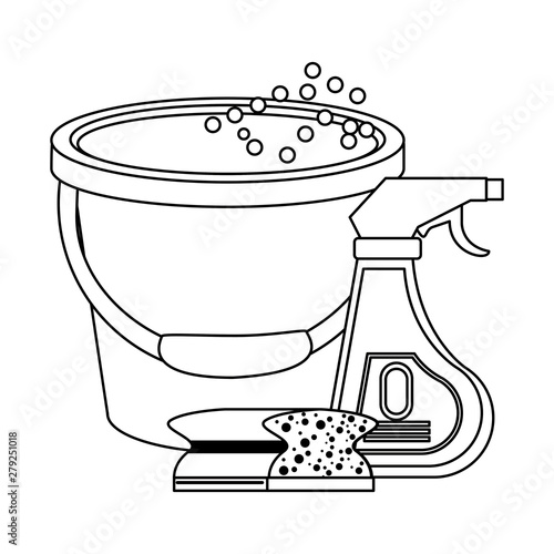 Set of cleaning equipment and products in black and white
