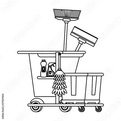 Set of cleaning equipment and products in black and white