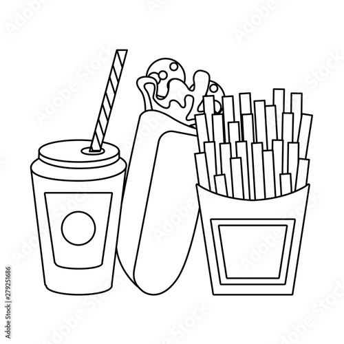 Fast food wrap and french fries with soda cup isolated in black and white