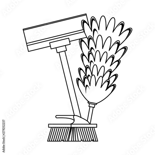 Set of cleaning equipment and products in black and white