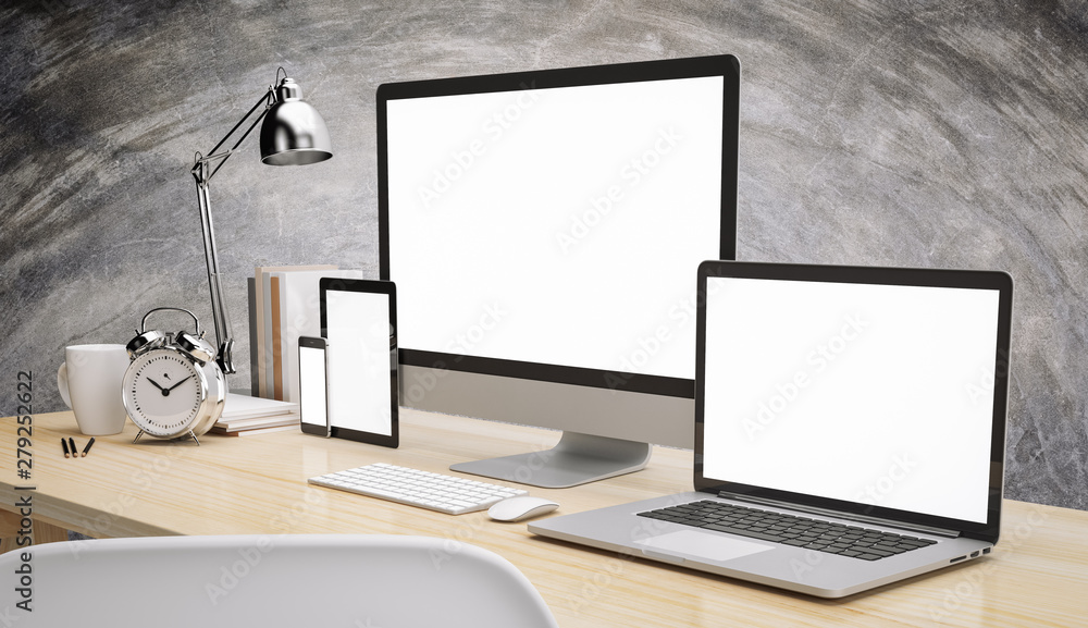 Fototapeta premium Computer notebook tablet smart phone blank screen on wood table and cement background workspace mock up design illustration 3D rendering