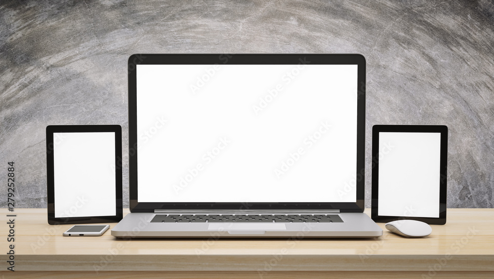 Computer notebook tablet blank screen on wood table and cement background workspace mock up design illustration 3D rendering Computer notebook tablet blank screen on wood table and cement background workspace mock up design illustration 3D rendering