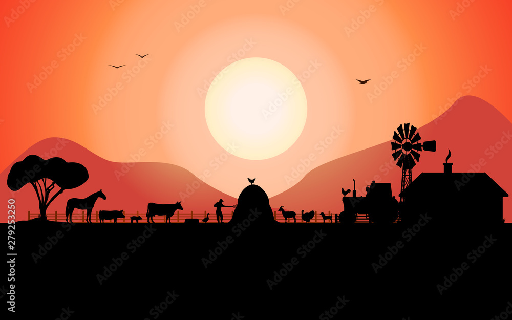 Vector farm silhouette with a ranch animals Vector farm silhouette with a ranch animals