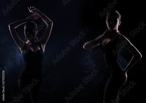 Healthy and Fit Sport Asian Woman in Bodysuit Underwear posing strong and bad feeling weight loss control, black corset body slim dress on asia girl. Studio lighting dark smoke background low exposure © Jade