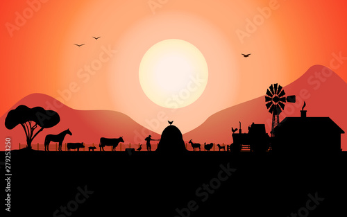 Vector farm silhouette with a ranch animals