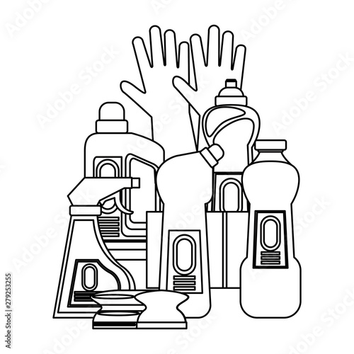Set of cleaning equipment and products in black and white
