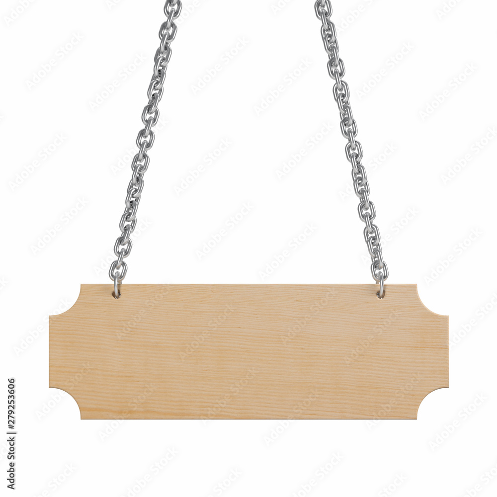 Wooden sign on a chain isolated on White Background. This has clipping path. illustration 3d rendering Wooden sign on a chain isolated on White Background. This has clipping path. illustration 3d rendering