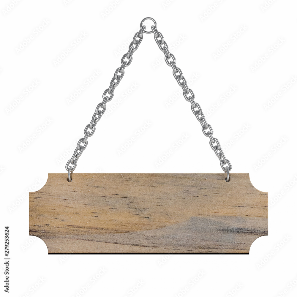 Wooden sign on a chain isolated on White Background. This has clipping path. illustration 3d rendering Wooden sign on a chain isolated on White Background. This has clipping path. illustration 3d rendering