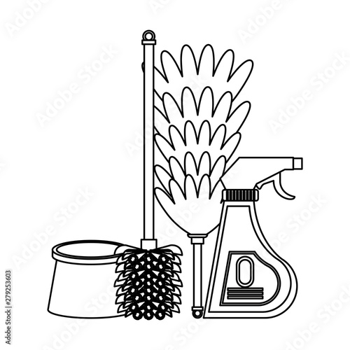 Set of cleaning equipment and products in black and white