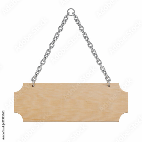 Wooden sign on a chain isolated on White Background. This has clipping path. illustration 3d rendering