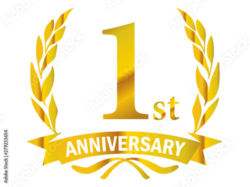 月桂樹をモチーフにしたアニバーサリーのゴールドメタリックのロゴ＿1周年・月桂冠・ローレル_1st Anniversary logo