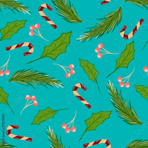 drawing of leaves and Christmas licorice on a green color © dnapslvsk
