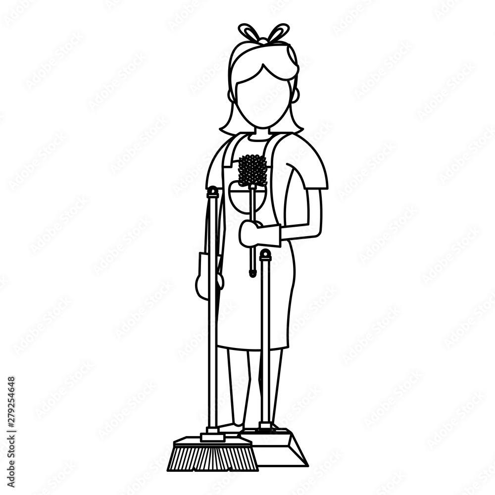 Cleaner worker with cleaning products and equipment in black and white Cleaner worker with cleaning products and equipment in black and white