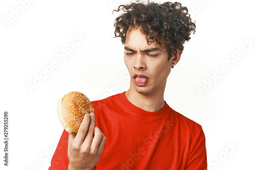 man with apple and hamburger